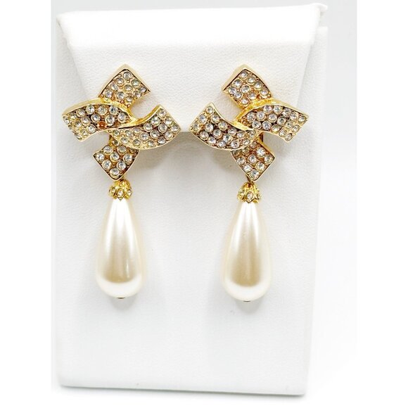 Kenneth J Lane Vintage Rhinestone And Dangling Faux Pearl‎ Earrings - Picture 2 of 4